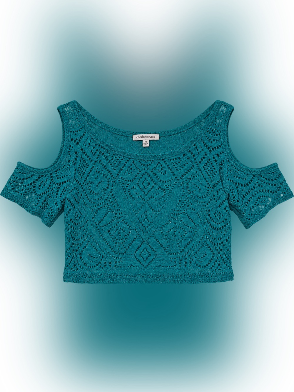 NWT Charlotte Russe Y2K boho Teal Lace Cold Shoulder Crop Top XS
